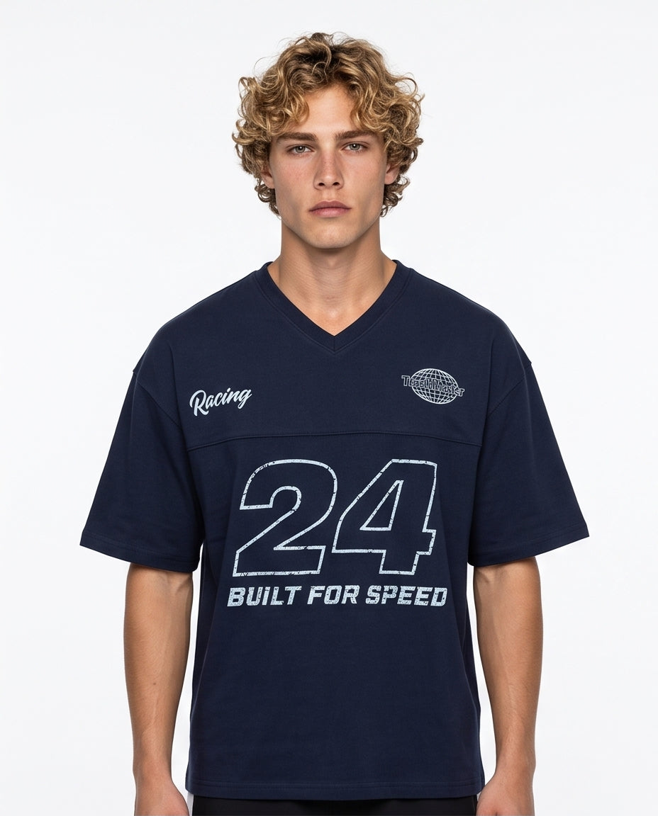 Navy Oversized Racing V-Neck T-Shirt | Ravin Men's Collection – RAVIN