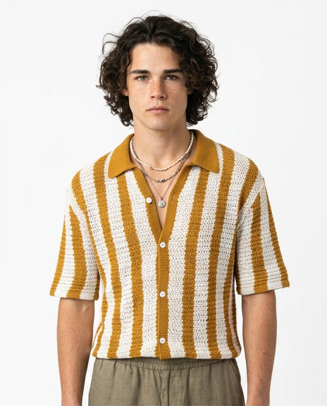 Mustard Striped Textured Knit Shirt for Men | Ravin SS26 - R217272