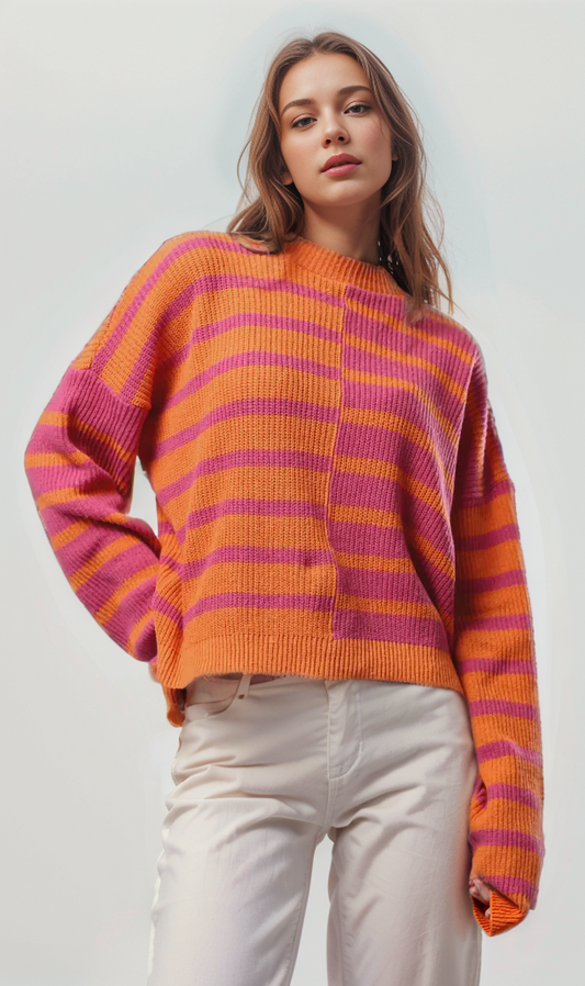 O173662 Bi-Tone Knitted Slip On Pullover - Fuchsia & Orange