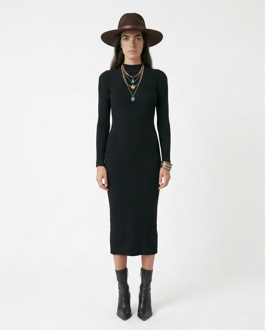 Black High-Neck Ribbed Bodycon Midi Dress for Women