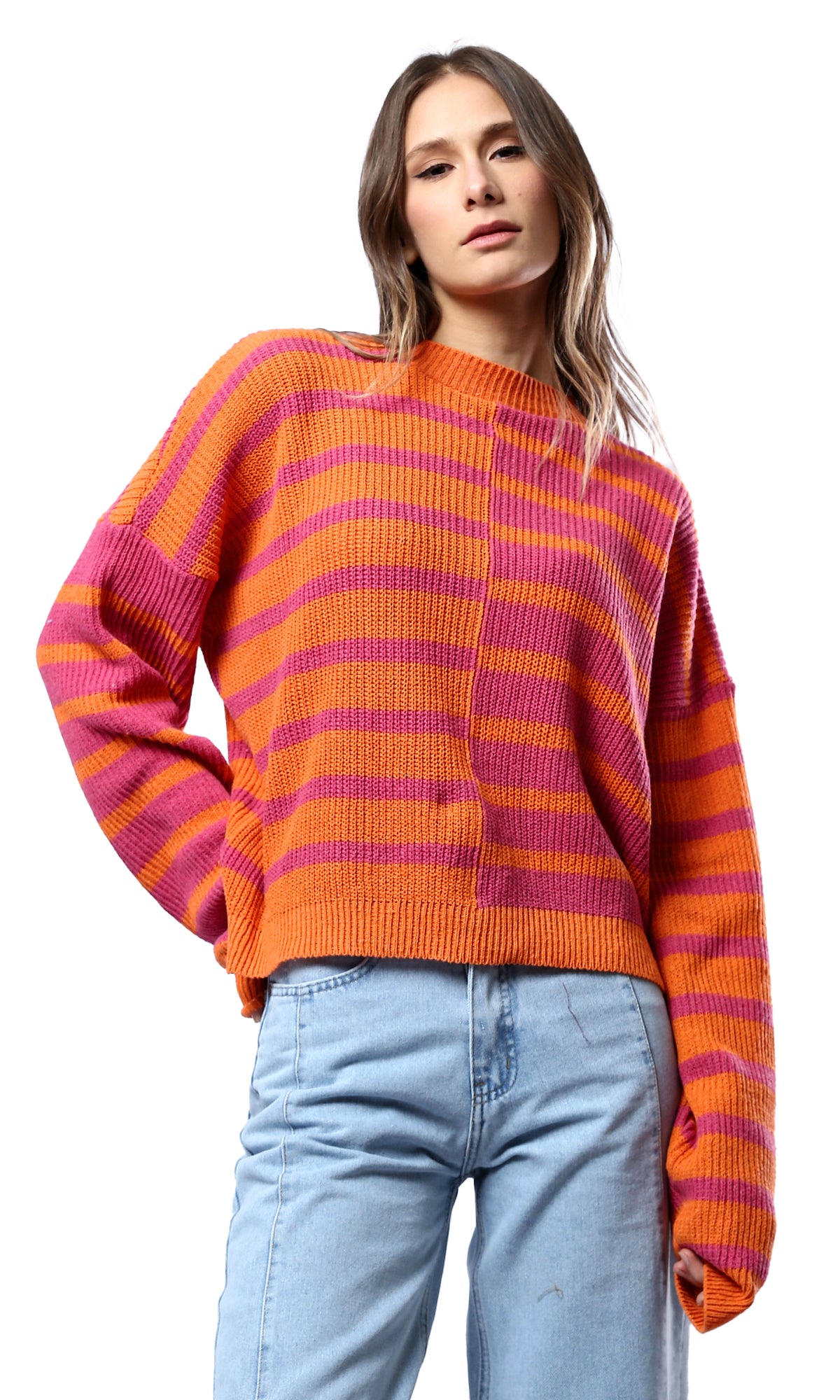 O173662 Bi-Tone Knitted Slip On Pullover - Fuchsia & Orange