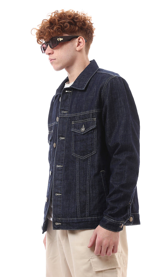O174494 Long Sleeves Dark Navy Blue Casual Denim Jacket