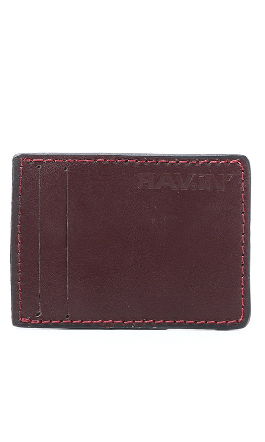 O174863 Stitched Trim Leather Cards Holder - Dark Burgundy