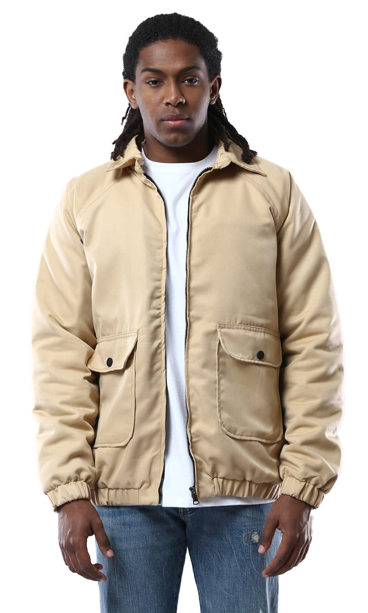 O175495 Turn Down Collar Zipped Solid Sand Jacket
