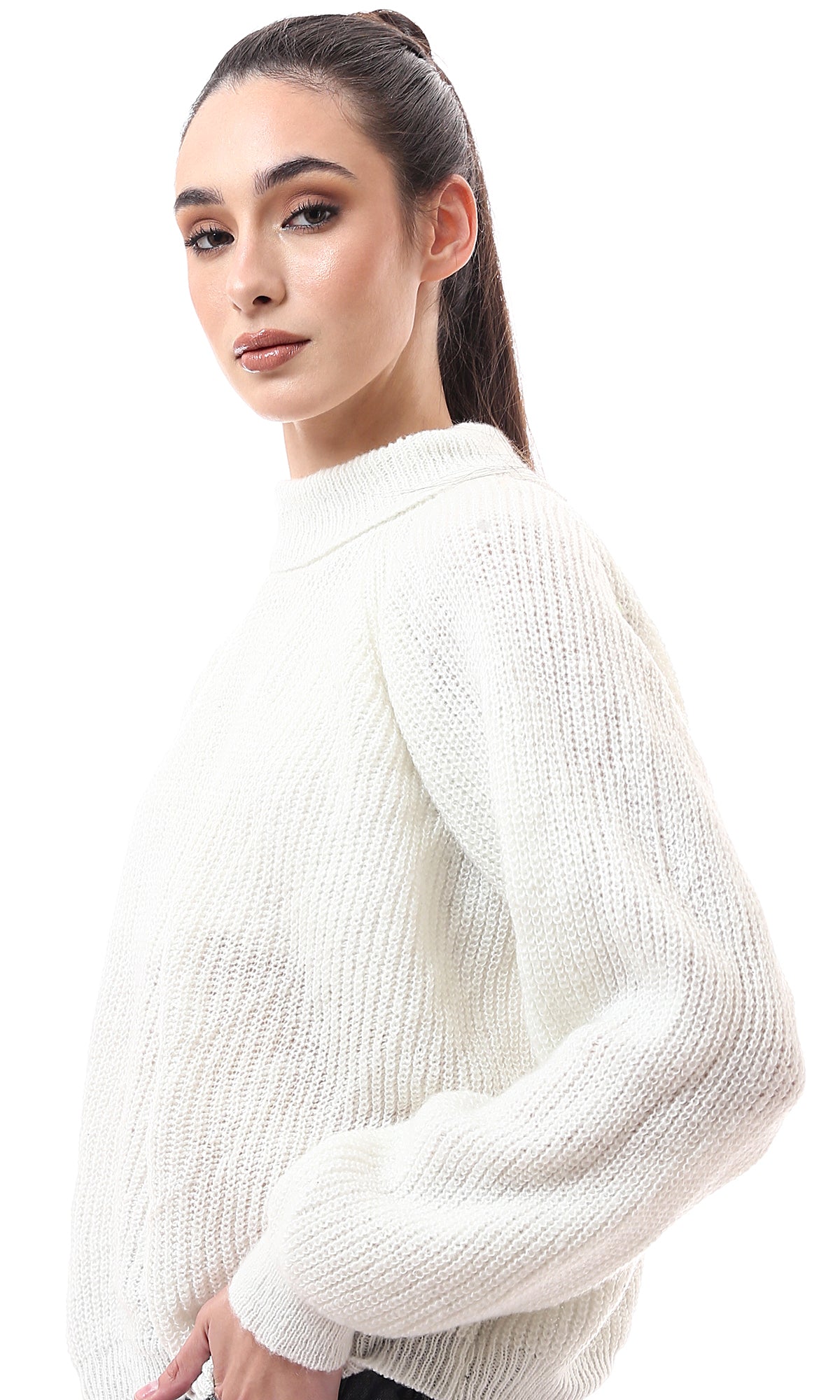 O175578 Chunky Knit Off-White Pullover With Turtle Neck