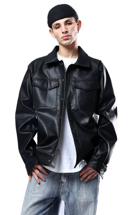 O176028 Shiny Black Leather Shirt With Front Pockets
