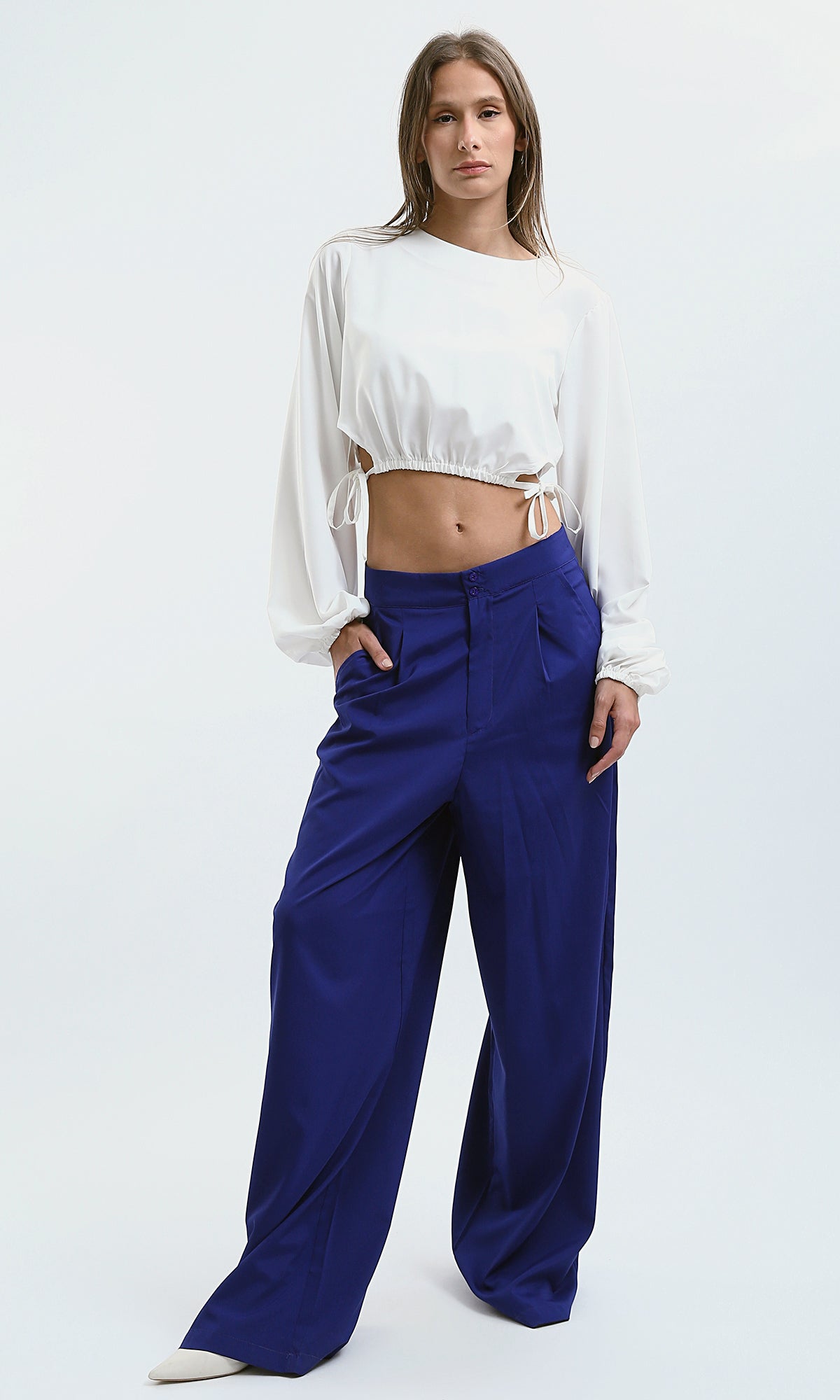 O178607 Royal Blue Stylish Wide Leg Pants With Two Buttons