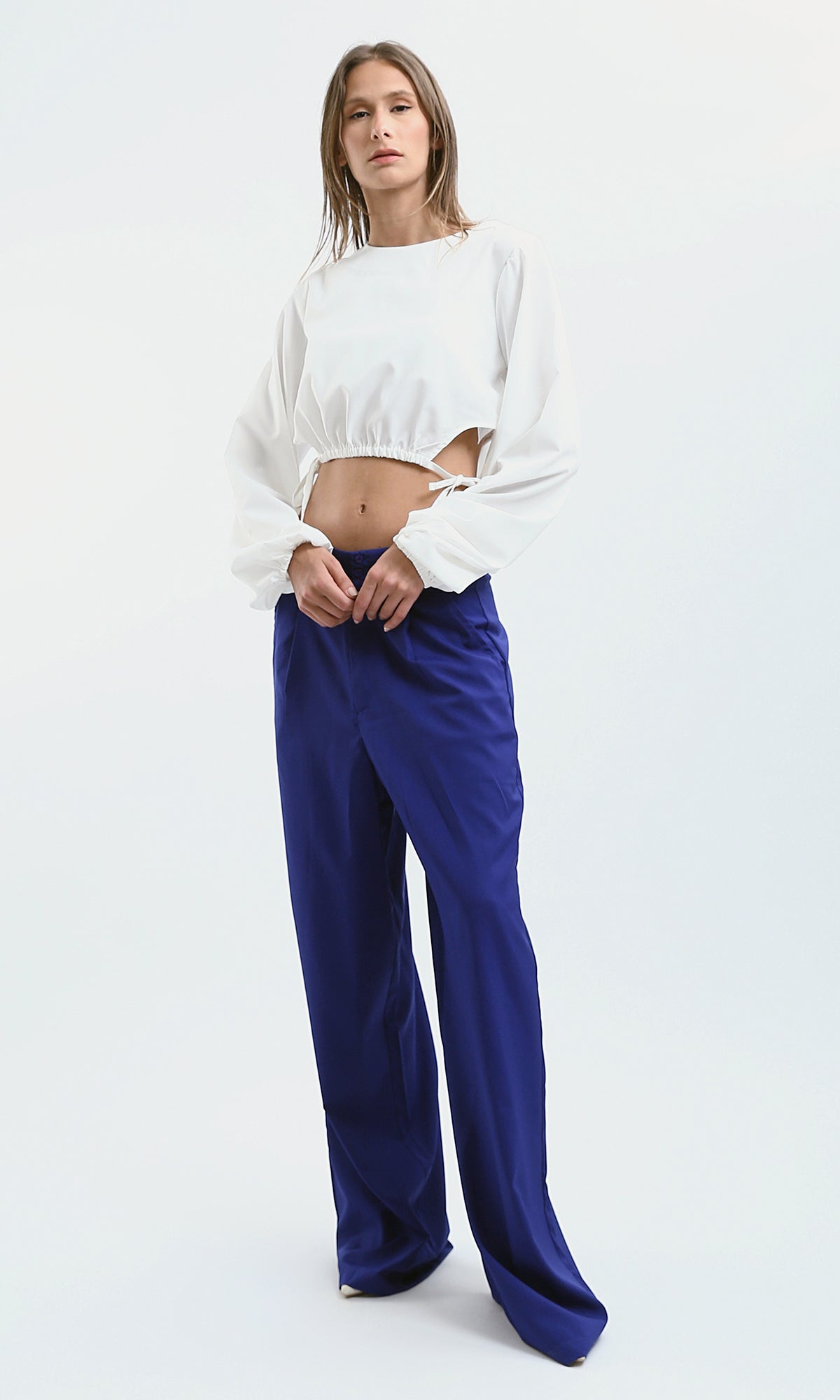 O178607 Royal Blue Stylish Wide Leg Pants With Two Buttons