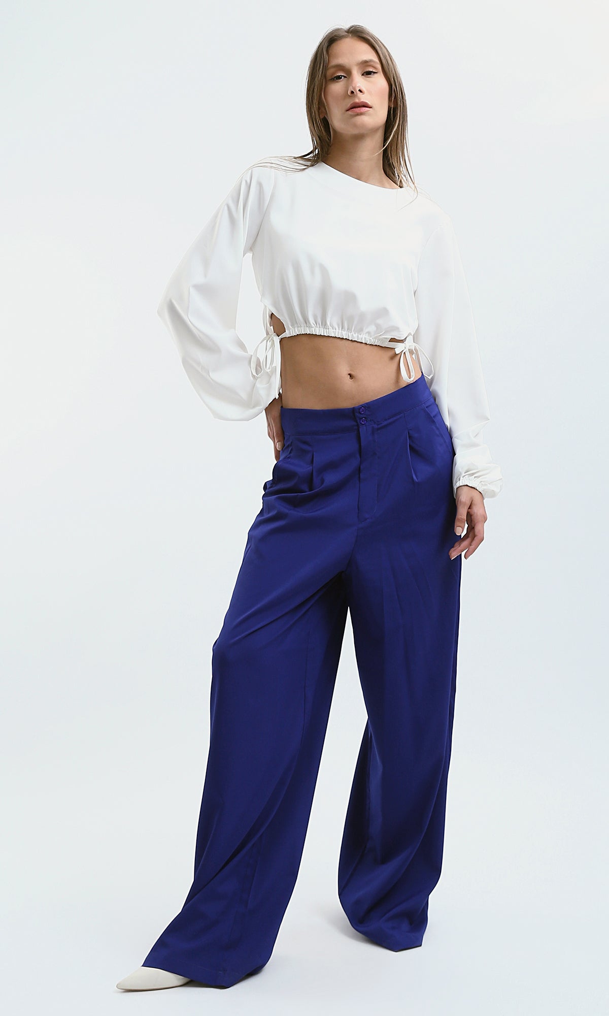 O178607 Royal Blue Stylish Wide Leg Pants With Two Buttons