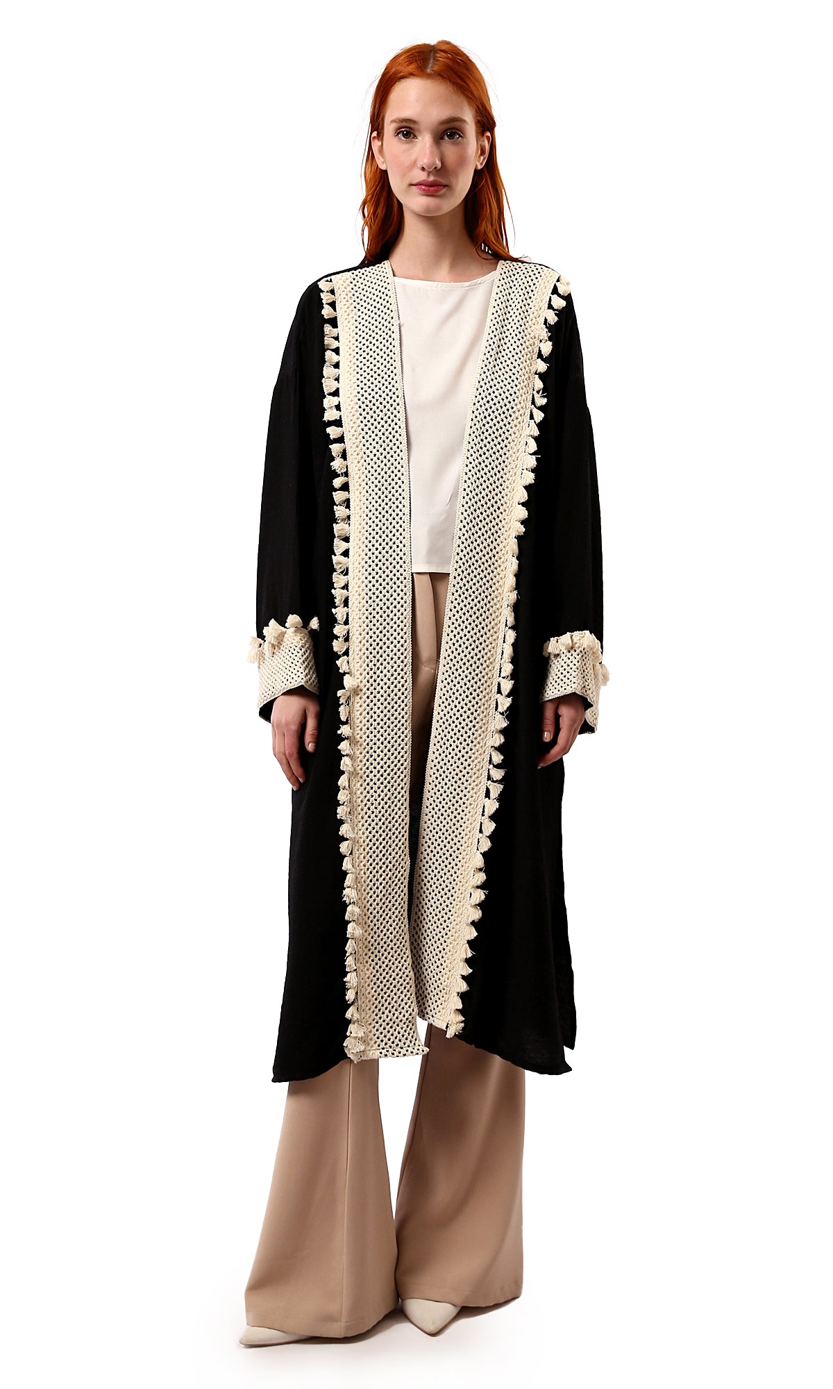 O178808 Crochet Neckline Slip On Black Long Cardigan