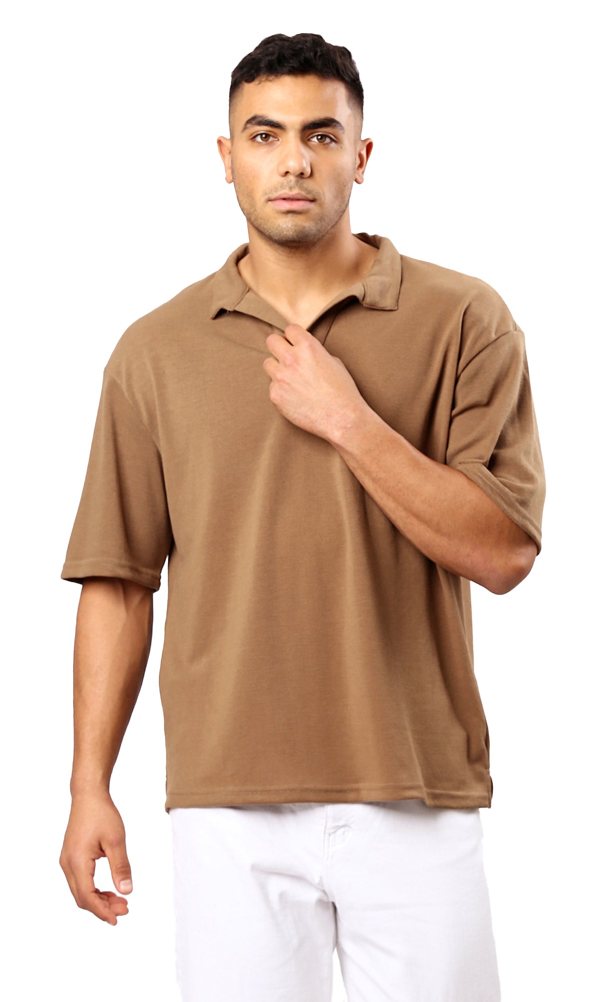 O179243 Light Brown Relaxed Polo Shirt With Open Neck 