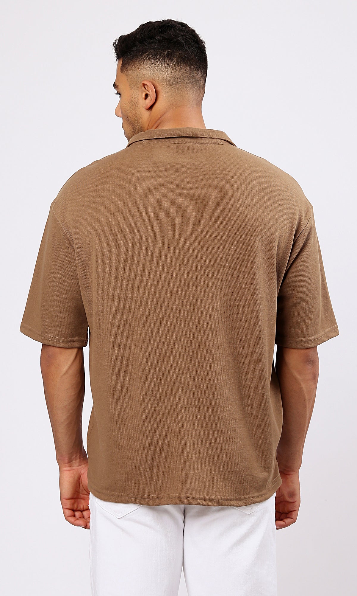 O179243 Light Brown Relaxed Polo Shirt With Open Neck 