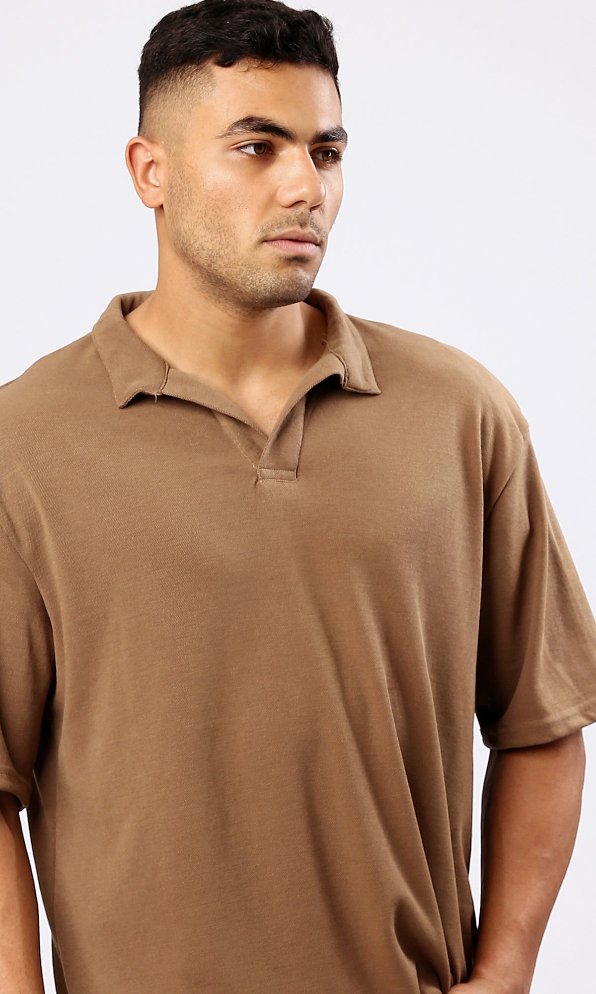 O179243 Light Brown Relaxed Polo Shirt With Open Neck 