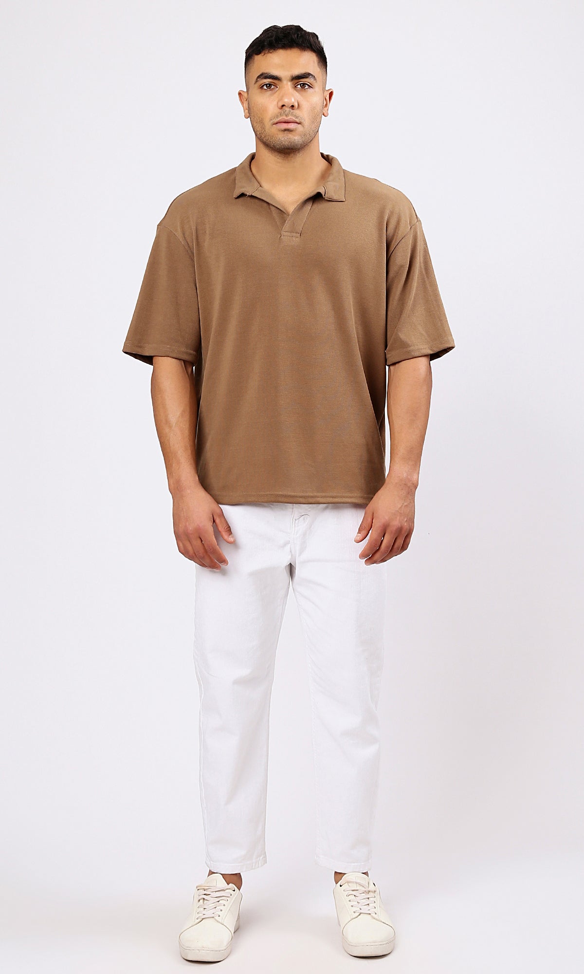 O179243 Light Brown Relaxed Polo Shirt With Open Neck 