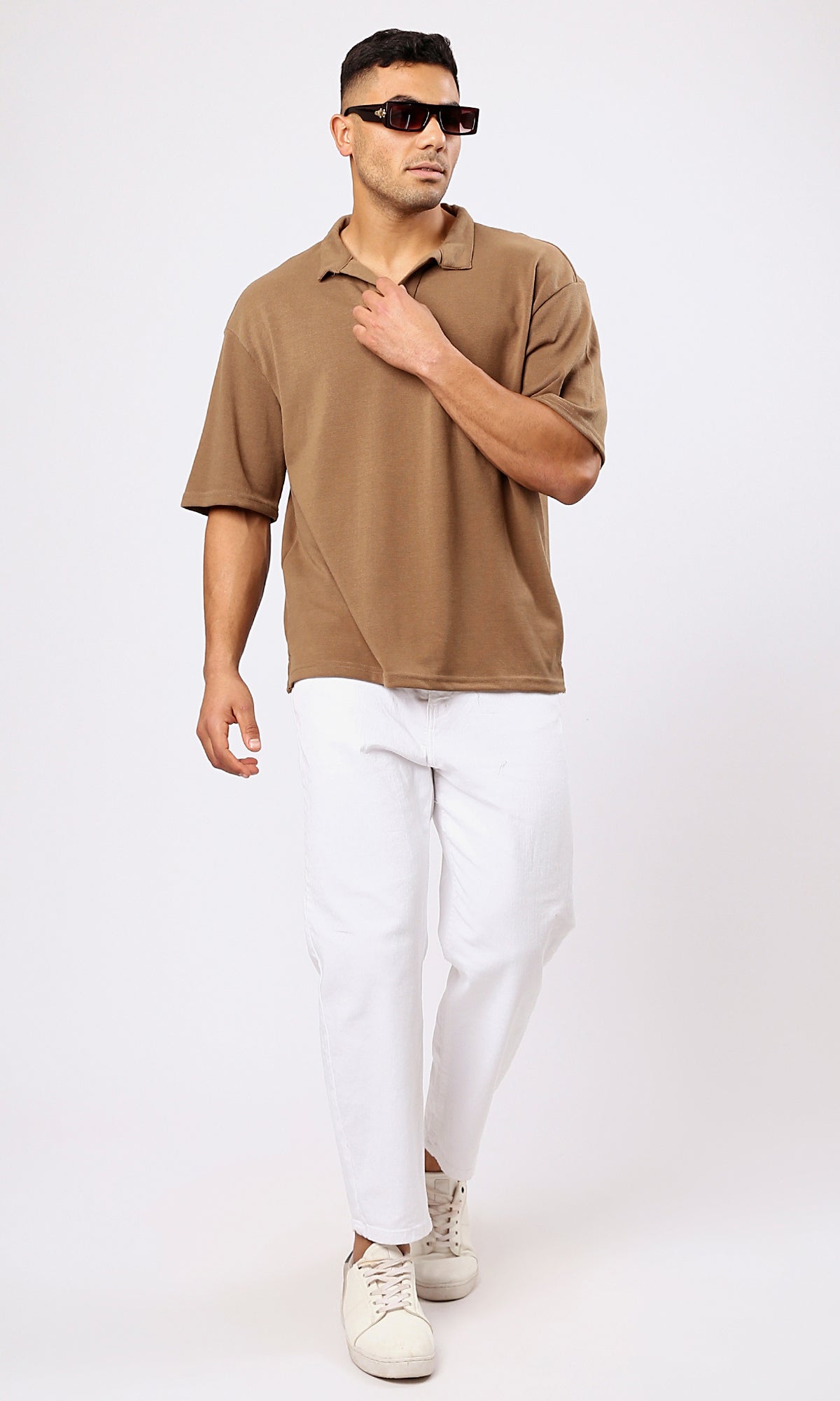 O179243 Light Brown Relaxed Polo Shirt With Open Neck 