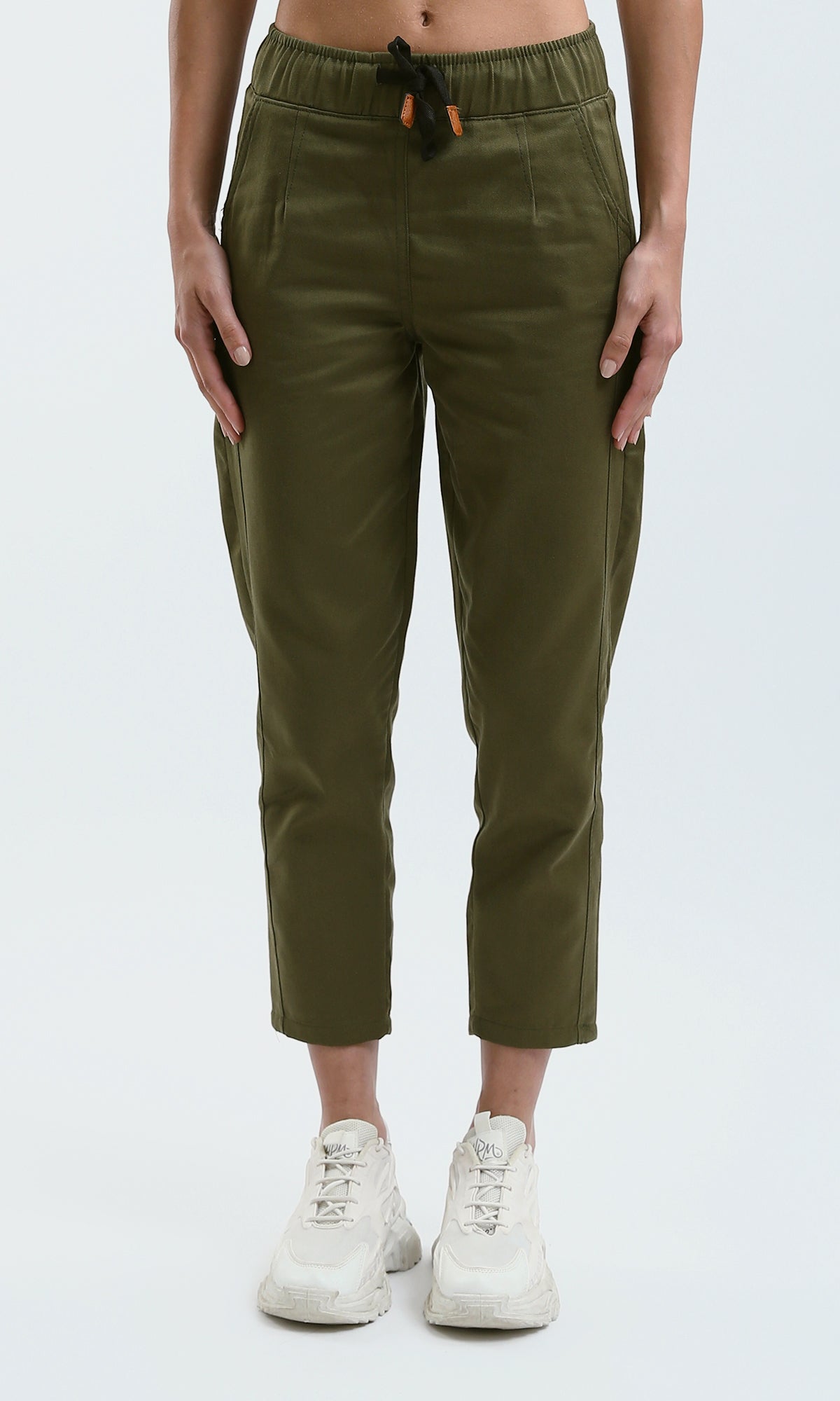 O179589 Solid Olive Pants With Elastic Waist