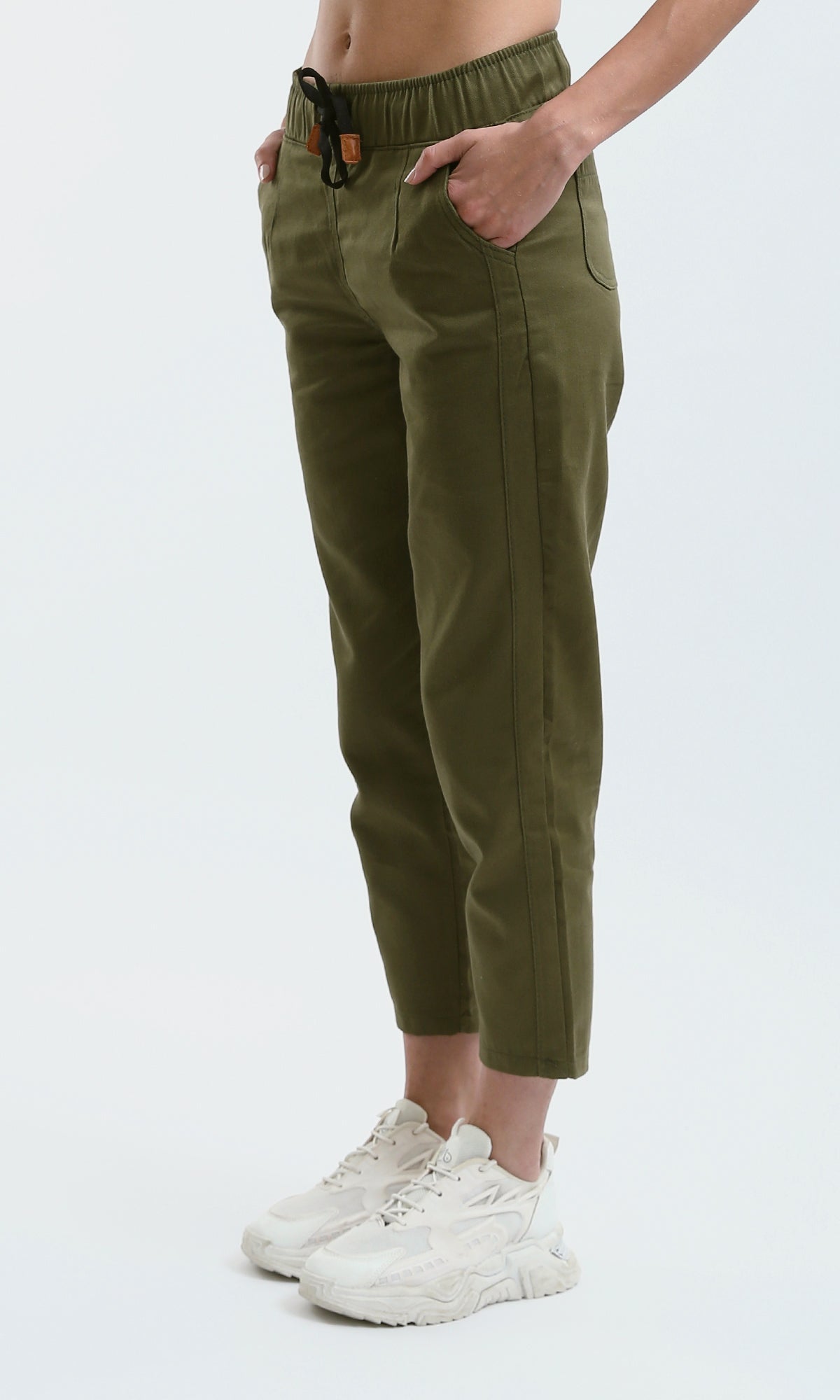 O179589 Solid Olive Pants With Elastic Waist