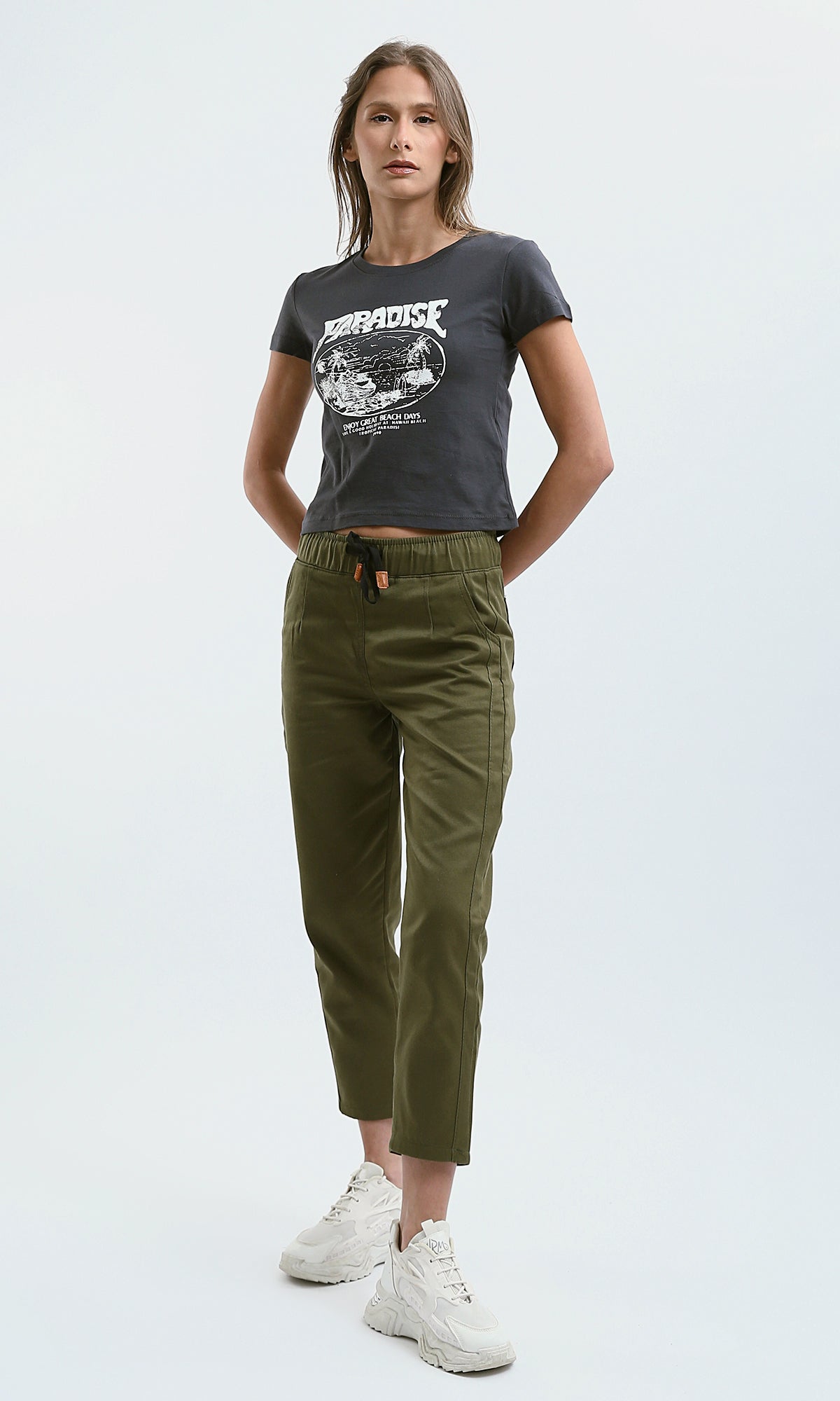 O179589 Solid Olive Pants With Elastic Waist