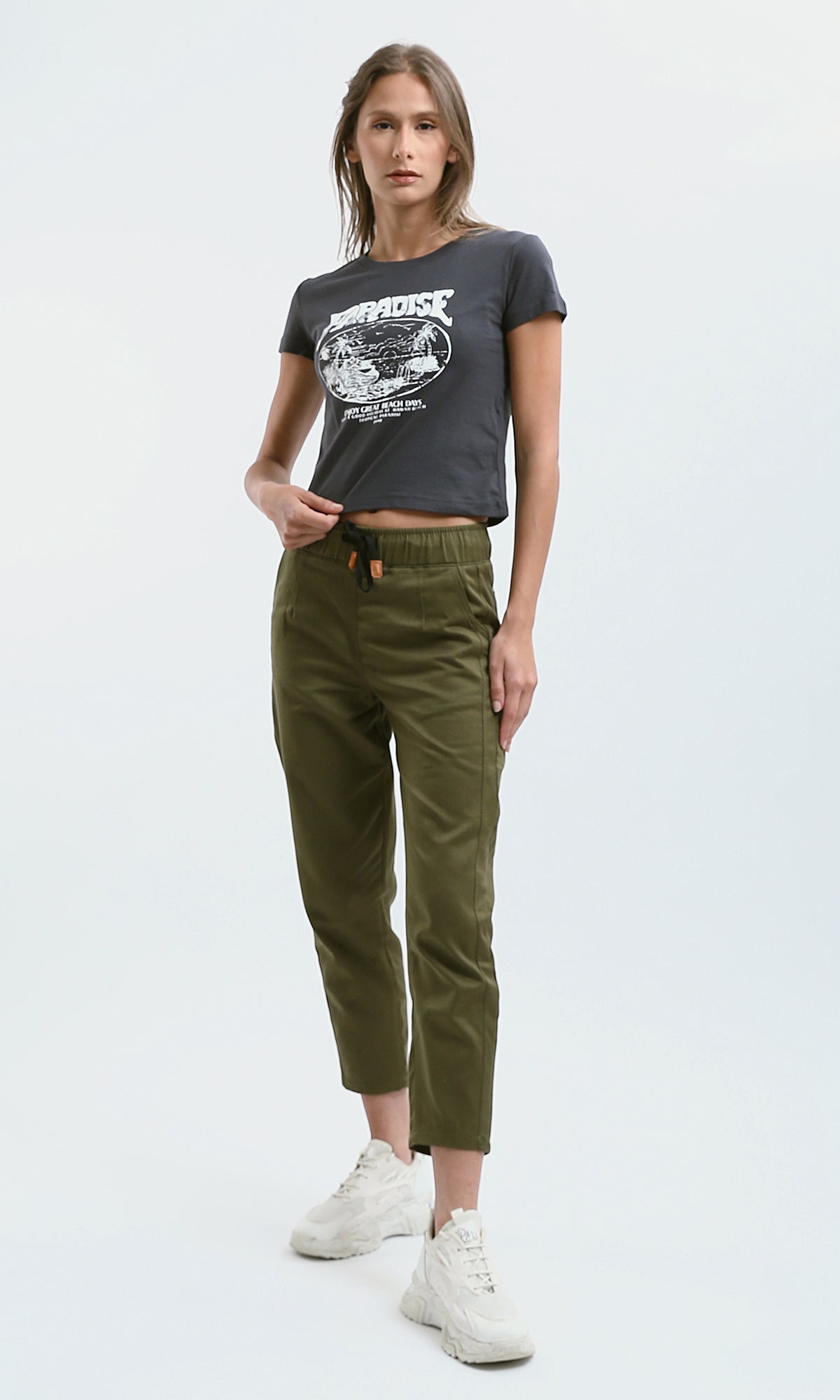 O179589 Solid Olive Pants With Elastic Waist