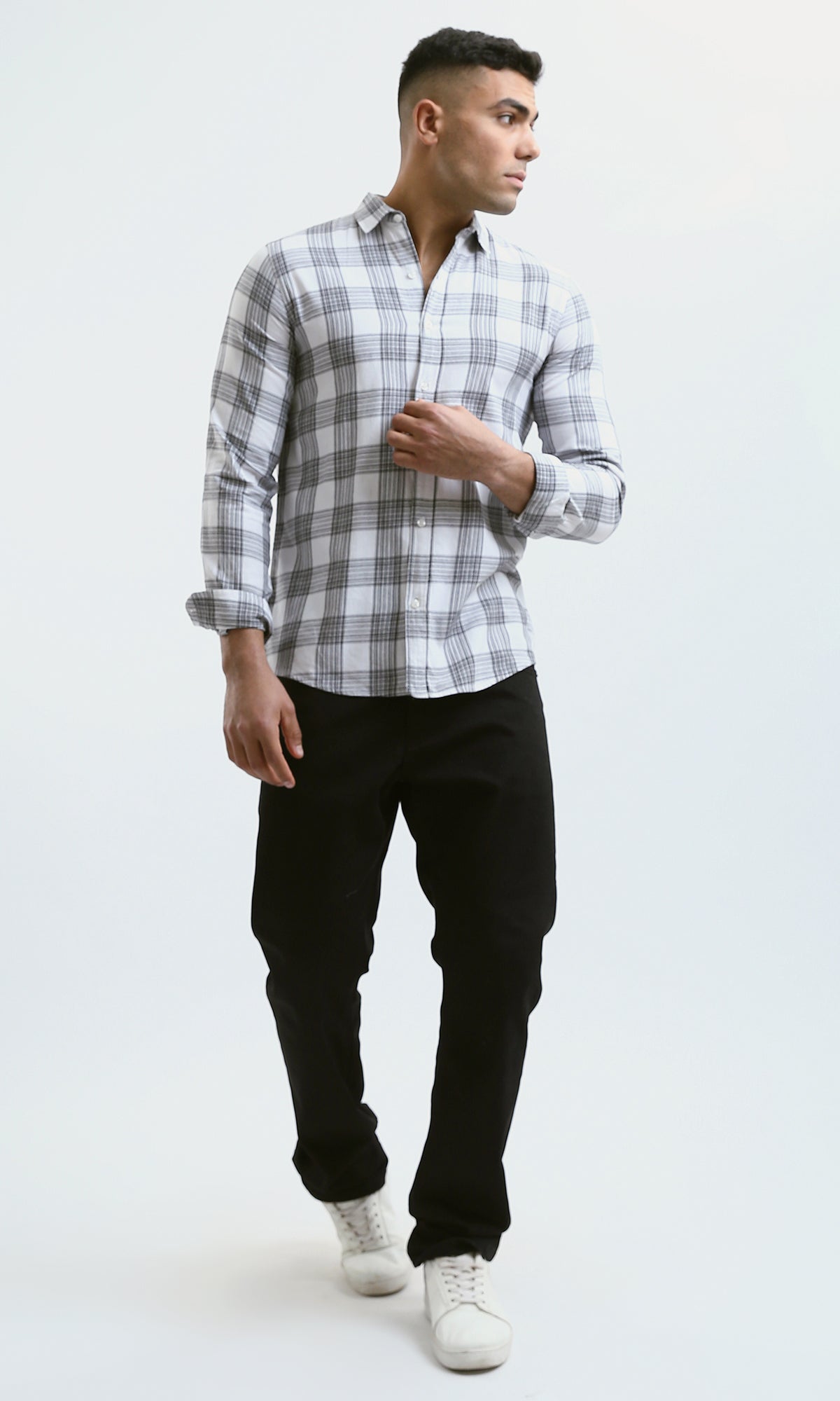 O179980 Cotton Grey & White Tartan Summer Shirt