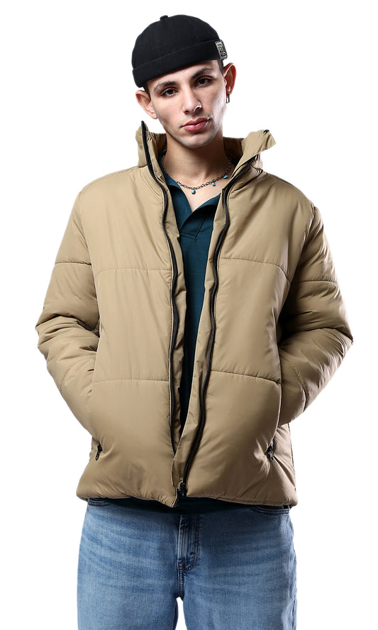 O180577 Stand-Collar Solid Light Camel Puffer Jacket