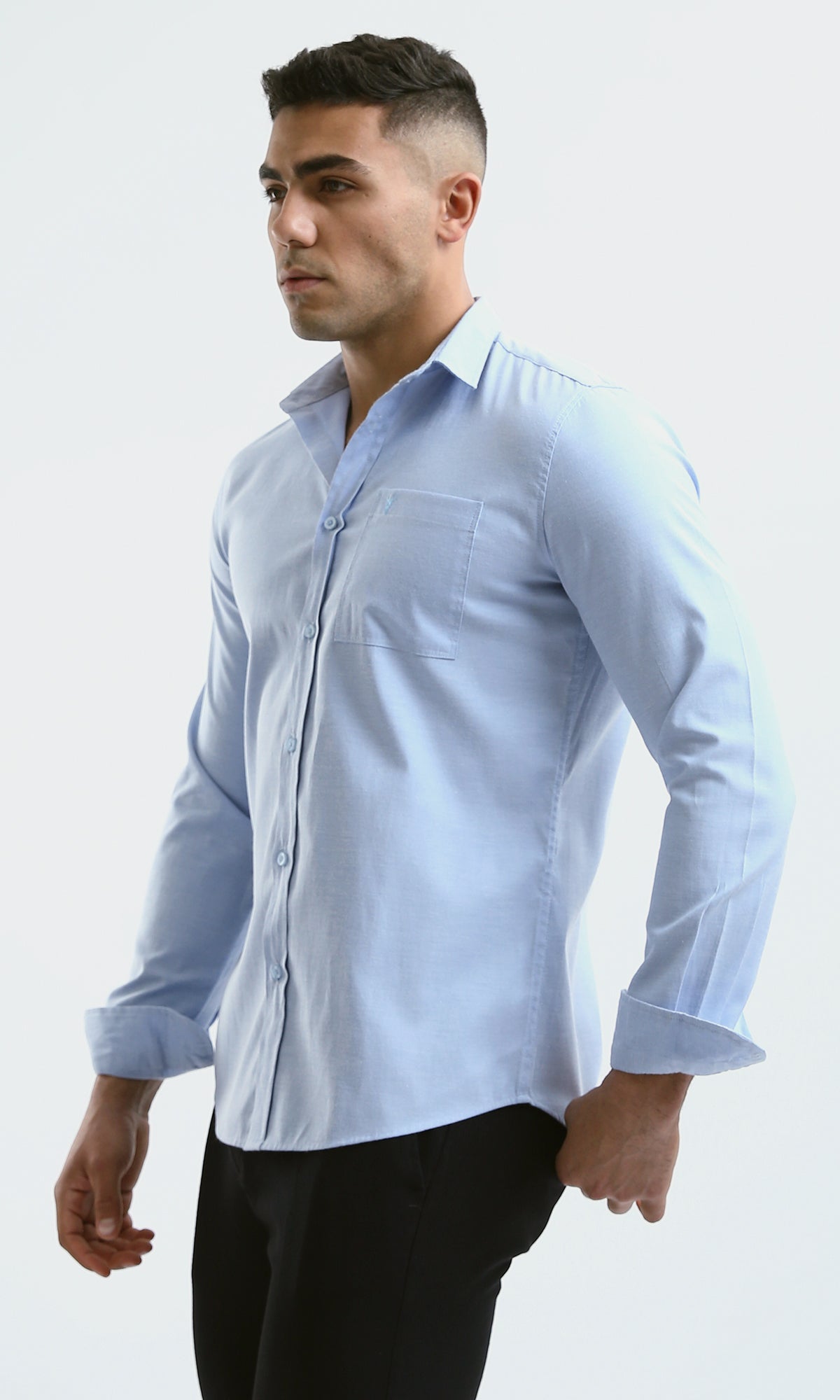 O180993 Solid Long Sleeves Light Blue Shirt