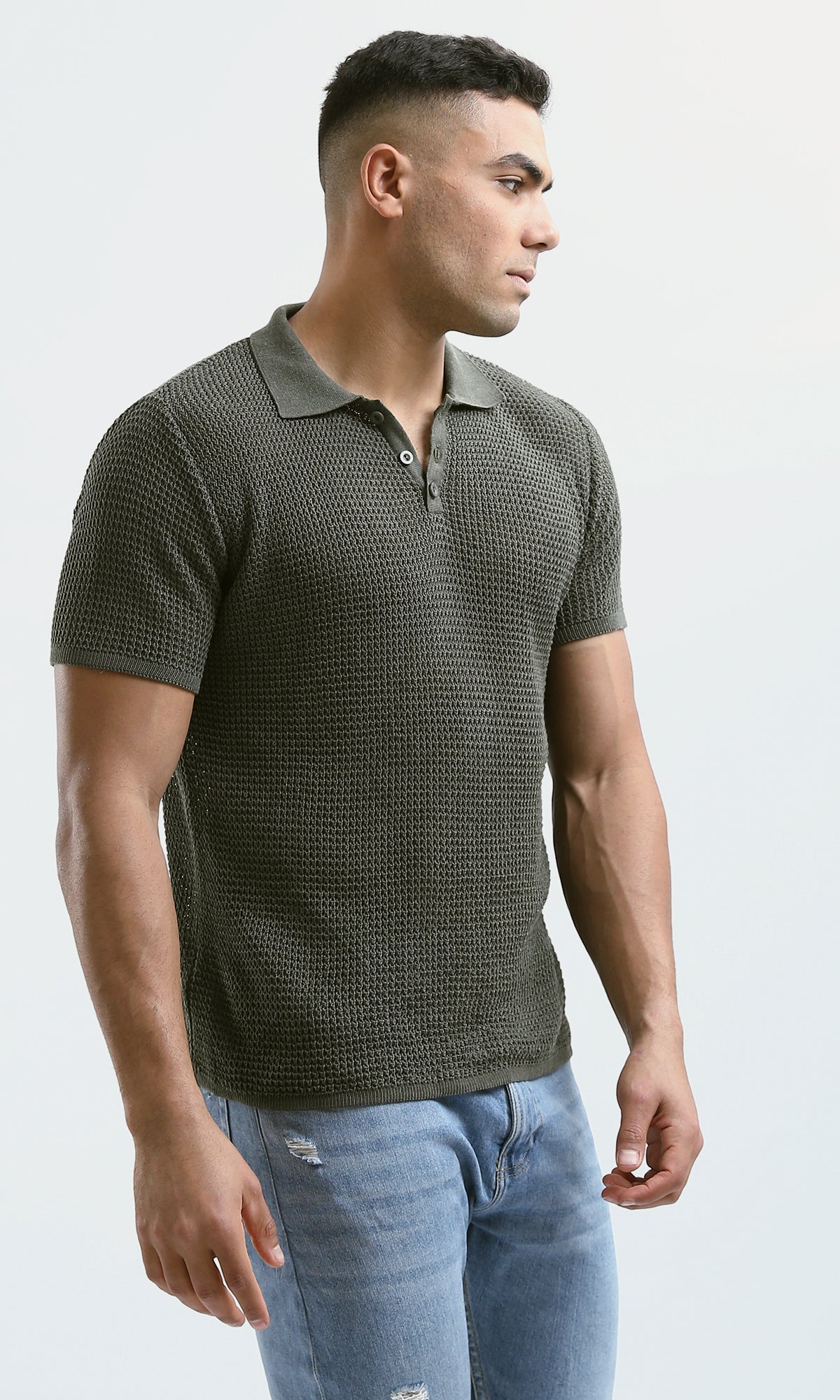 O182759 Short Sleeves Dark Olive Knitted Polo Shirt