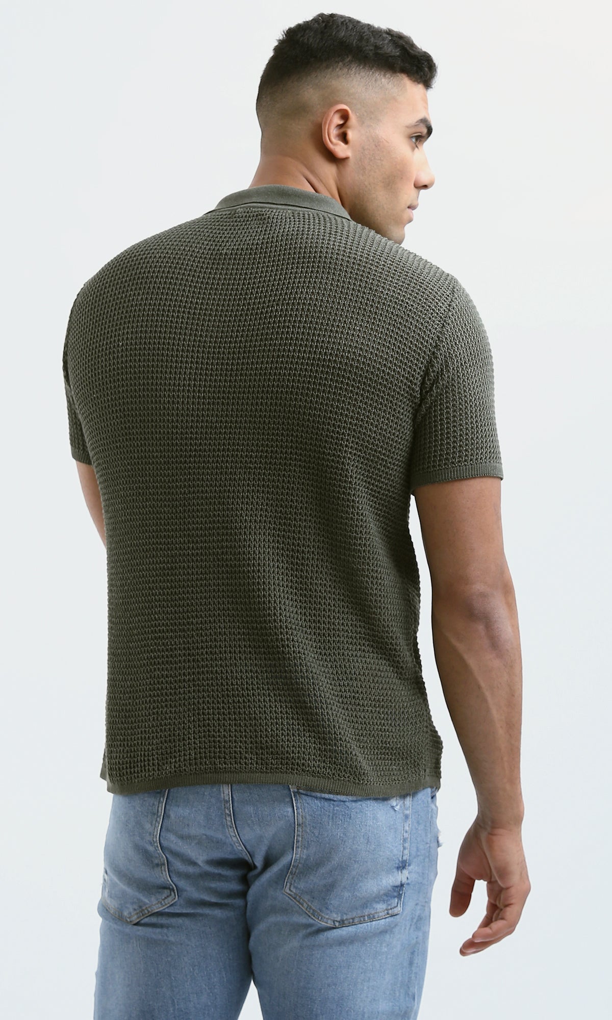 O182759 Short Sleeves Dark Olive Knitted Polo Shirt