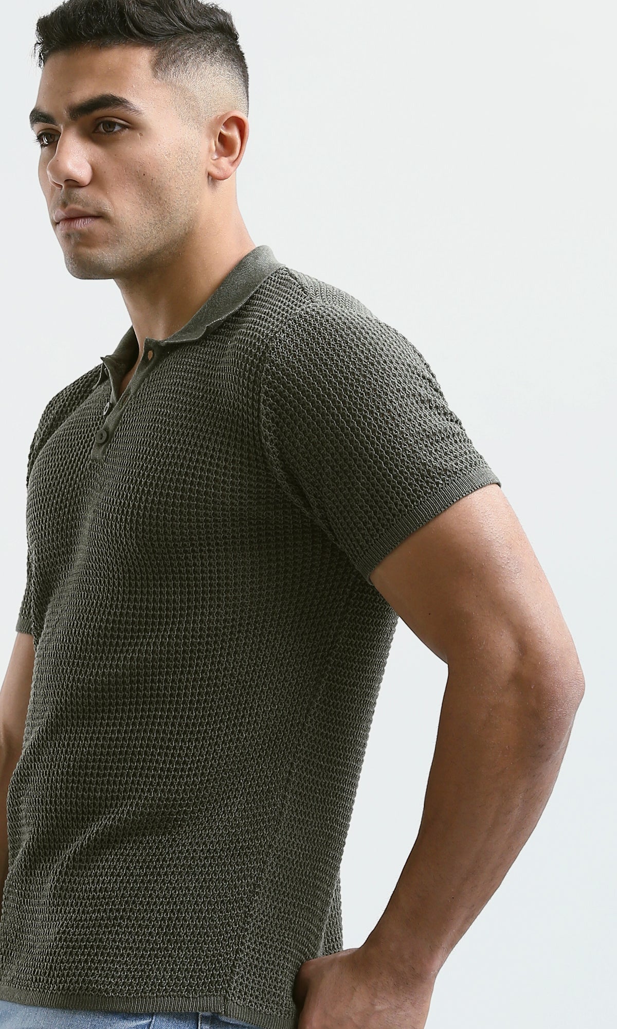 O182759 Short Sleeves Dark Olive Knitted Polo Shirt