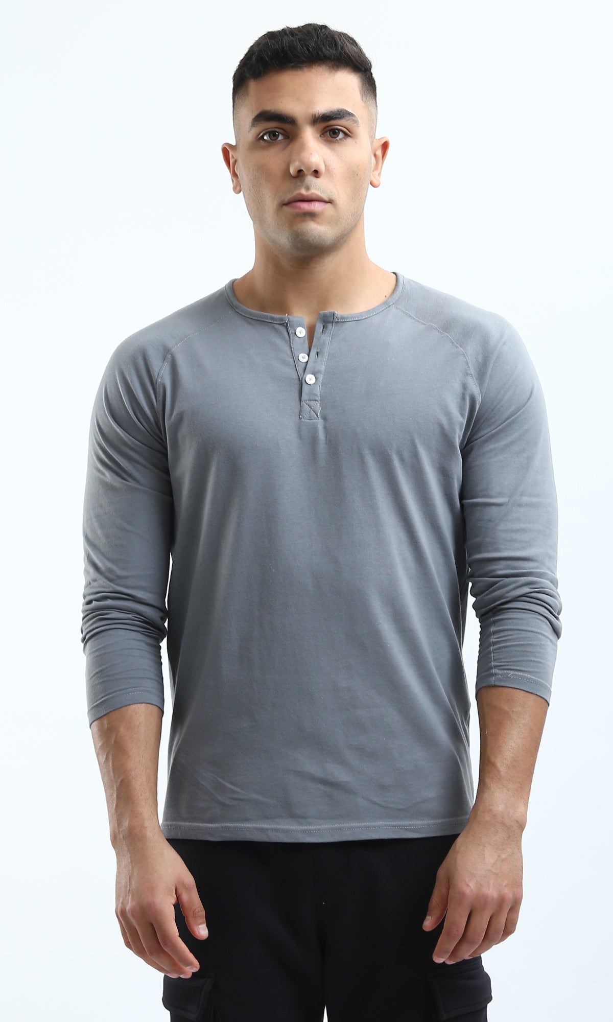 O188539 Long Sleeves Buttoned Medium Grey Henley Shirt