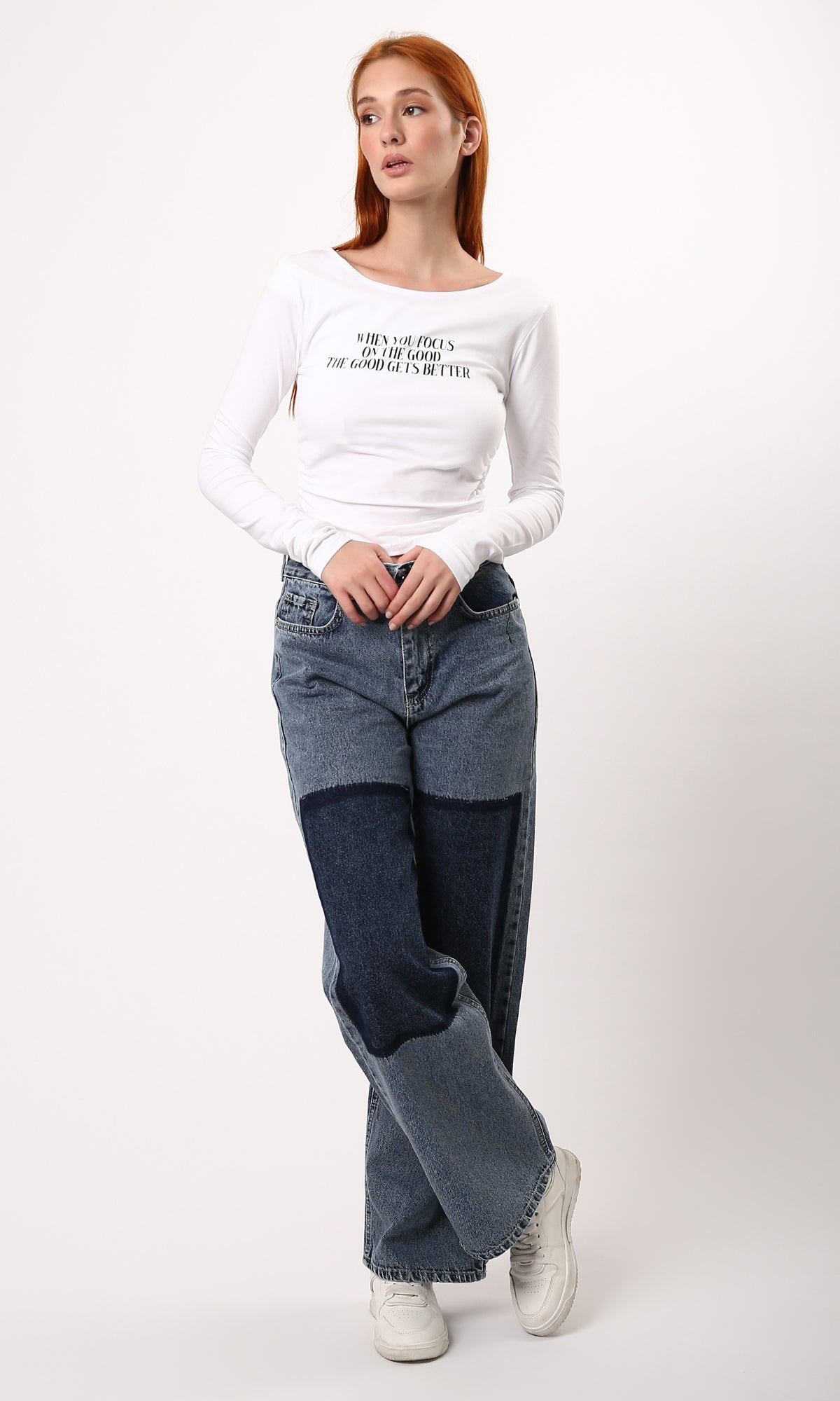 O189382 Standard Blue Wide Leg Jeans With Front Patches