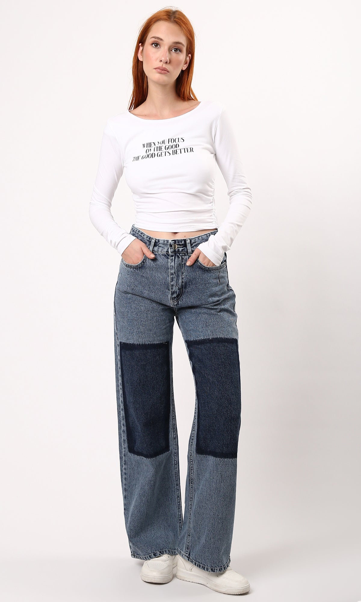 O189382 Standard Blue Wide Leg Jeans With Front Patches