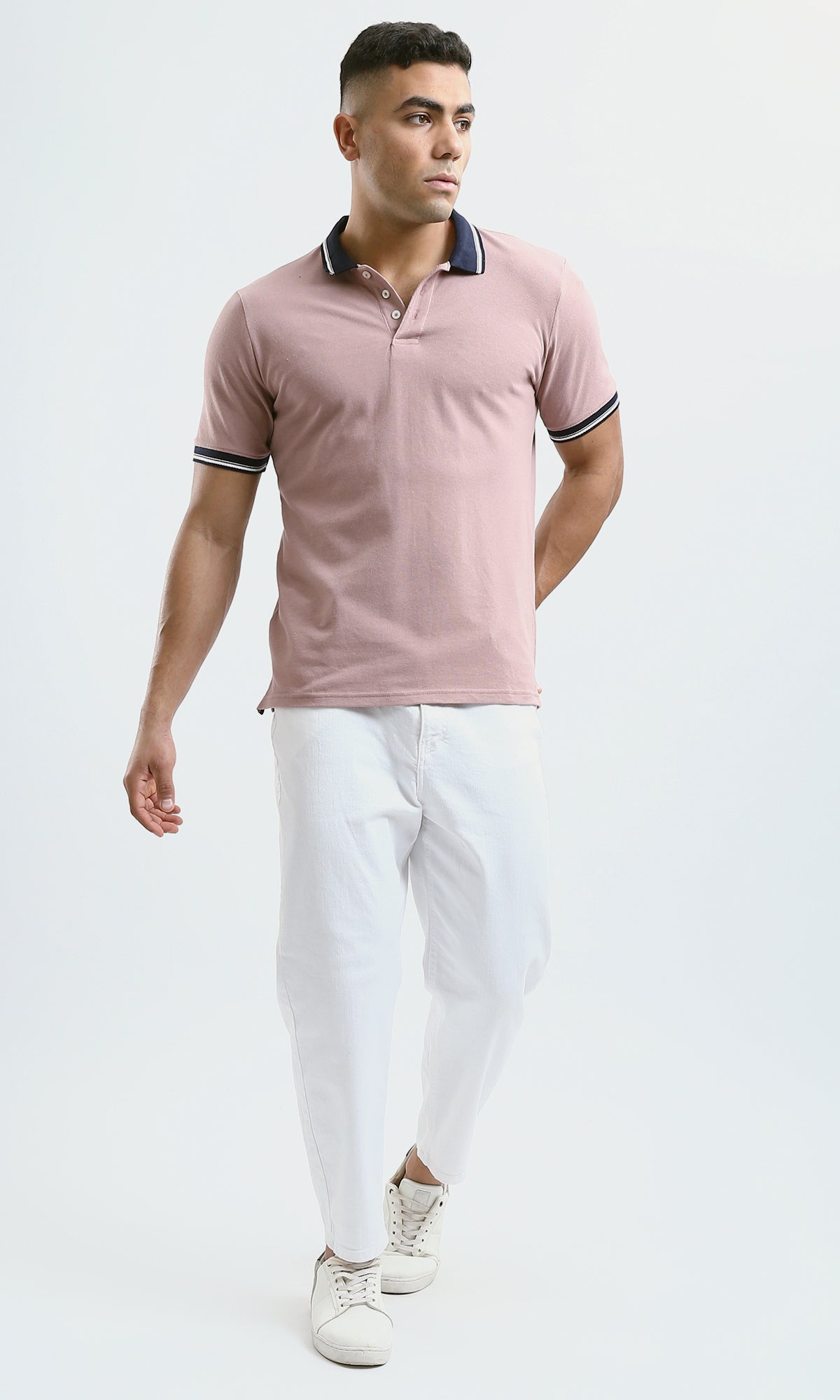 O189607 Nude Pink Solid Polo Shirt With Classic Collar