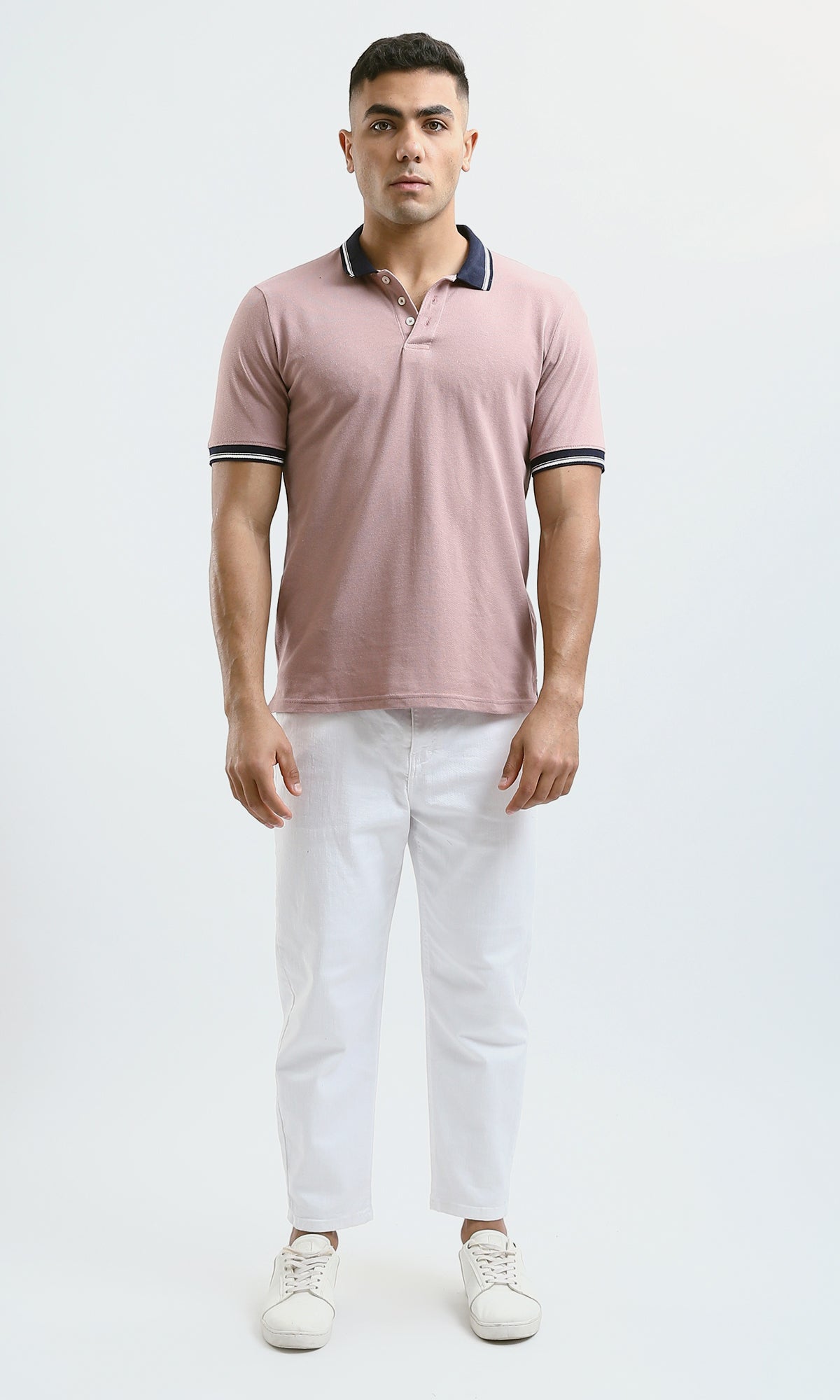 O189607 Nude Pink Solid Polo Shirt With Classic Collar