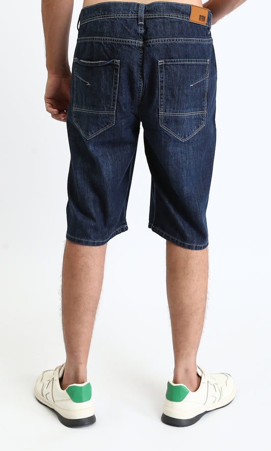 O198733 - Casual Denim Shorts with Front Ribbed - Navy Blue