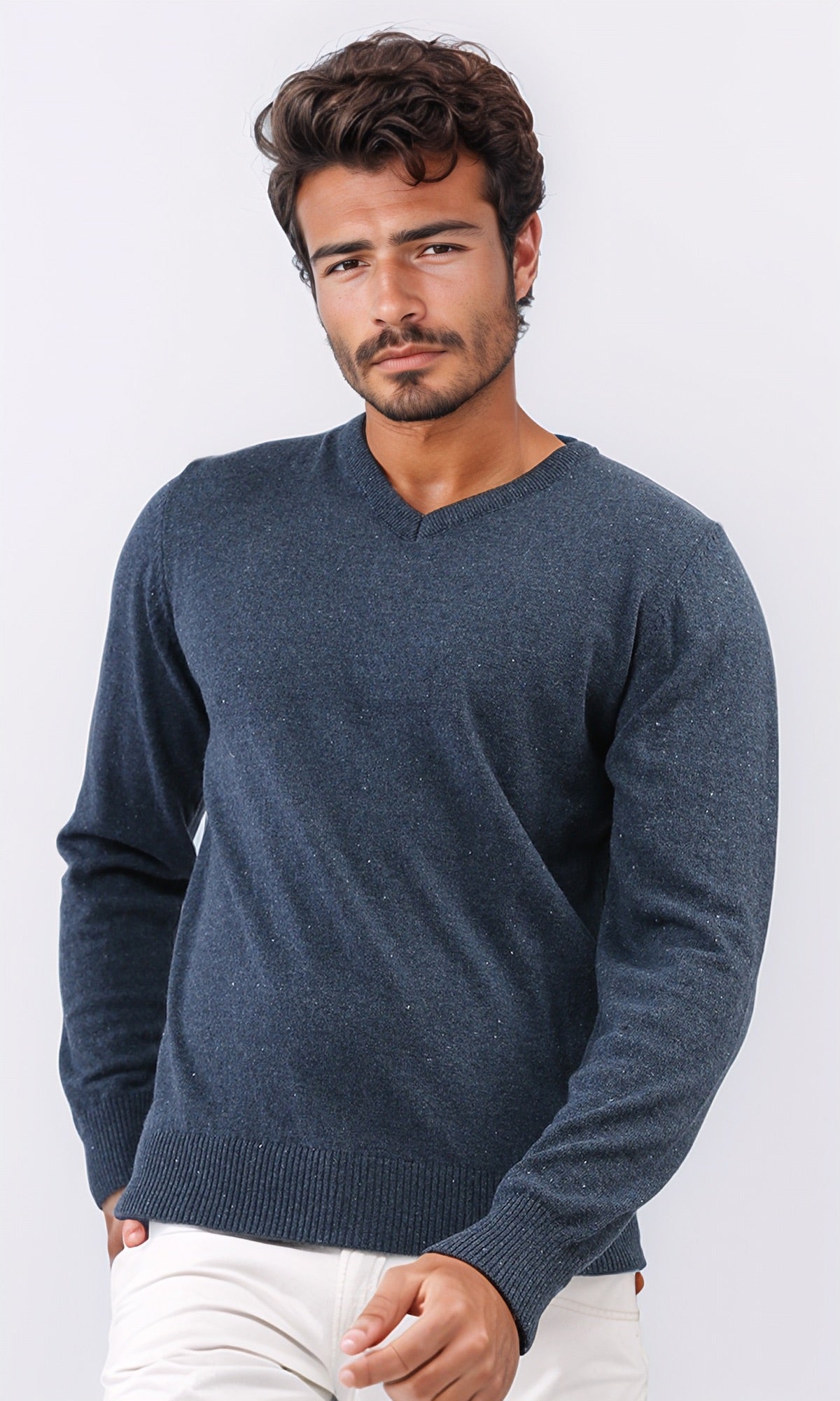 o198789 Solid V-Neck Ribbed Hemline Cuffs Pullover Dark Jeans Bl