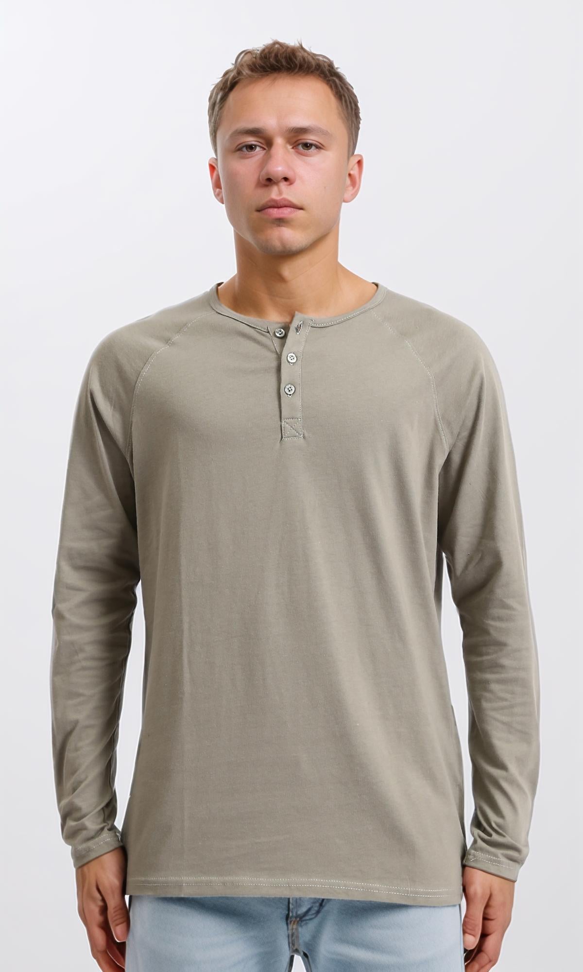 R206825 Long Sleeves Solid Cotton Henley Shirt Dark Khaki – RAVIN
