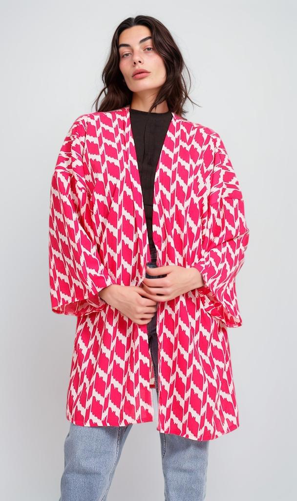R207950 Printed Crepe Chiffon Kimono Red White – RAVIN