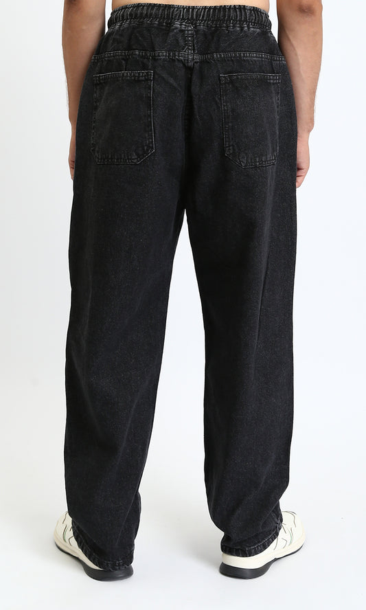 R208744 - Elastic Waist Wide Solid Denim Pants - Black
