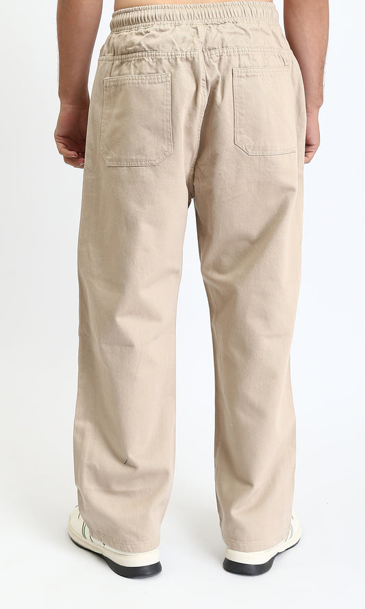 R208745 - Elastic Waist Wide Solid Denim Pants - Dark Beige