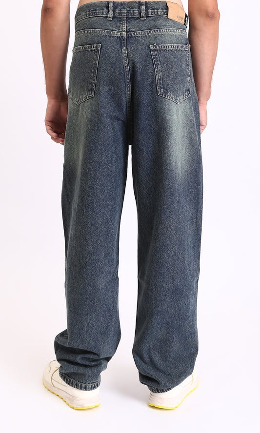 R208748 - Wide Casual Denim Pants with Front Wash - Greenish Blue