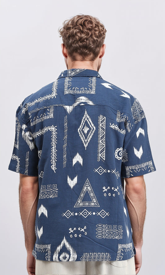 R209206 - Casual Ethnic Pattern Summer Shirt - Denim Blue