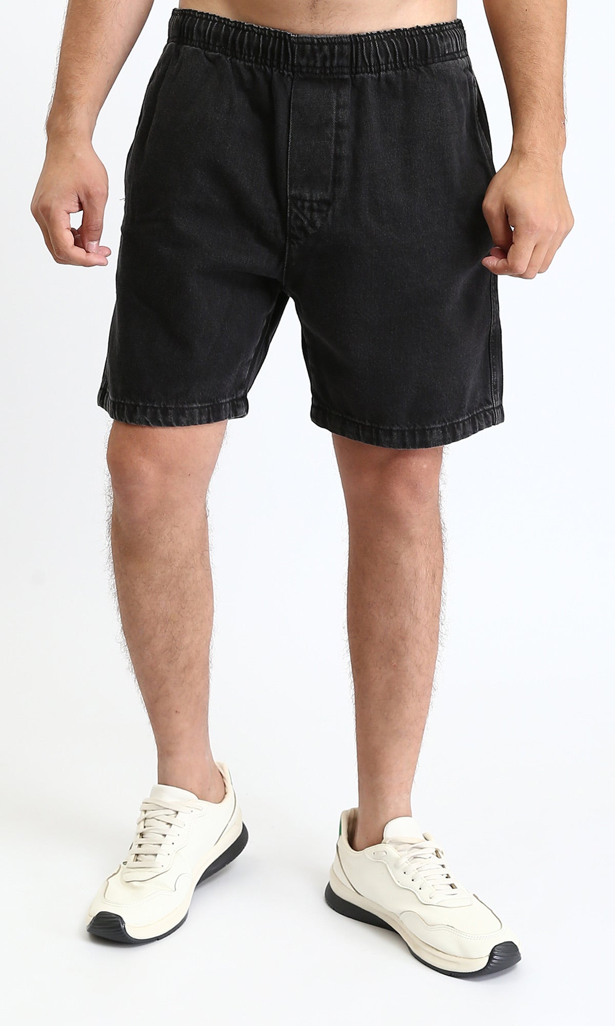 R211505 Elastic Waist Slip On Denim Shorts Black – RAVIN - Main Image