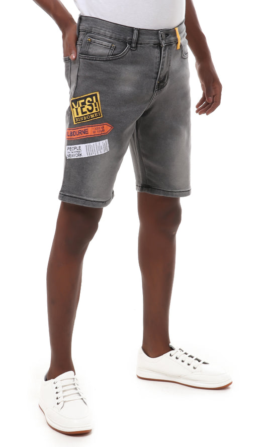 57274 Dark Grey Denim Short With Stitched Patches - Ravin