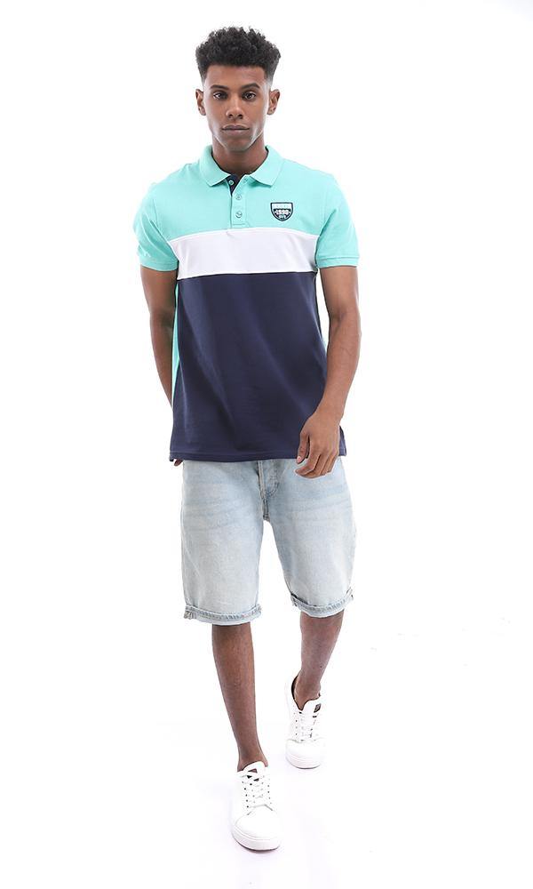94983 Short Sleeves Buttoned Tri-tone Polo Shirt - Ligh Green , White & Navy Blue - Ravin 