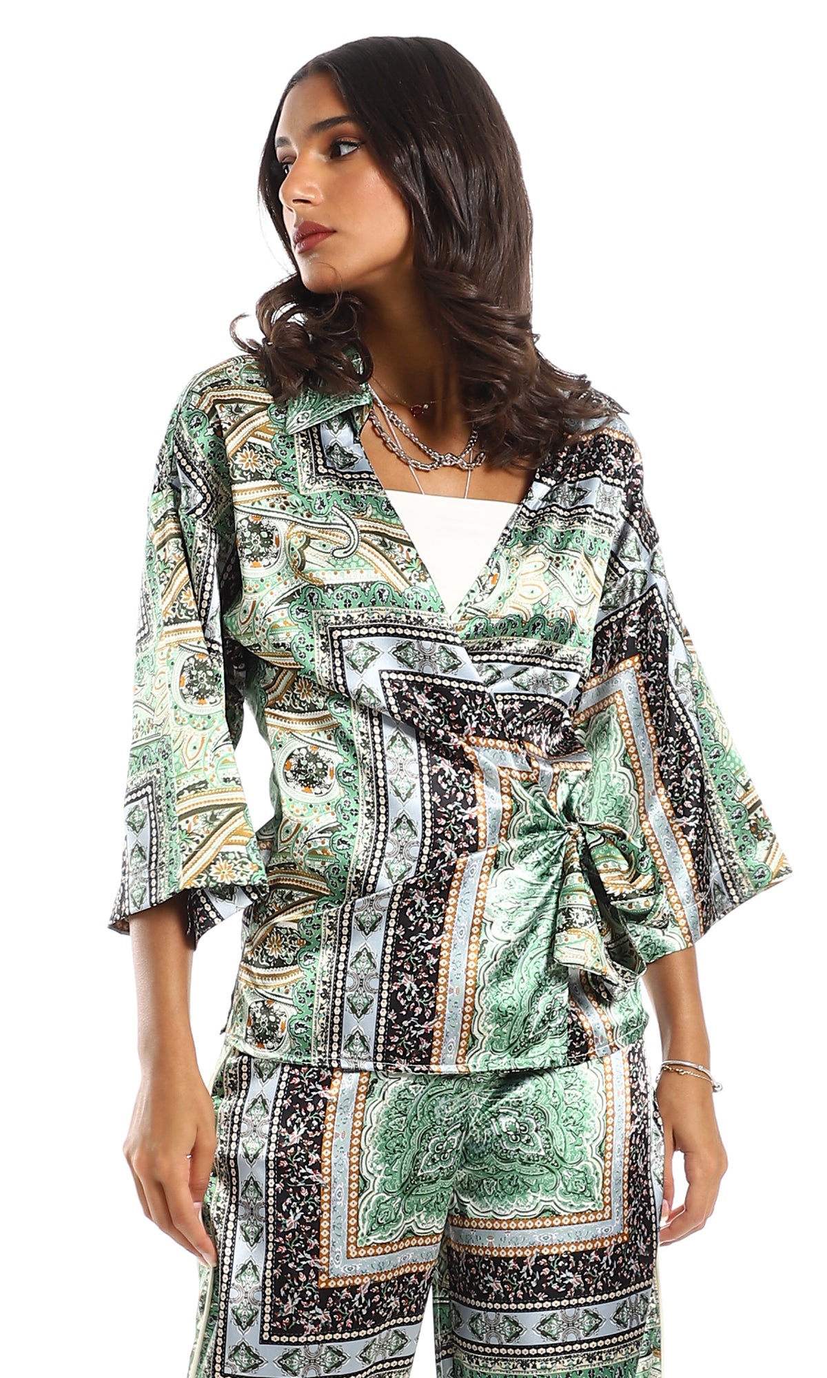 97479 Turn Down Collar Surplice Chest Patterned Blouse