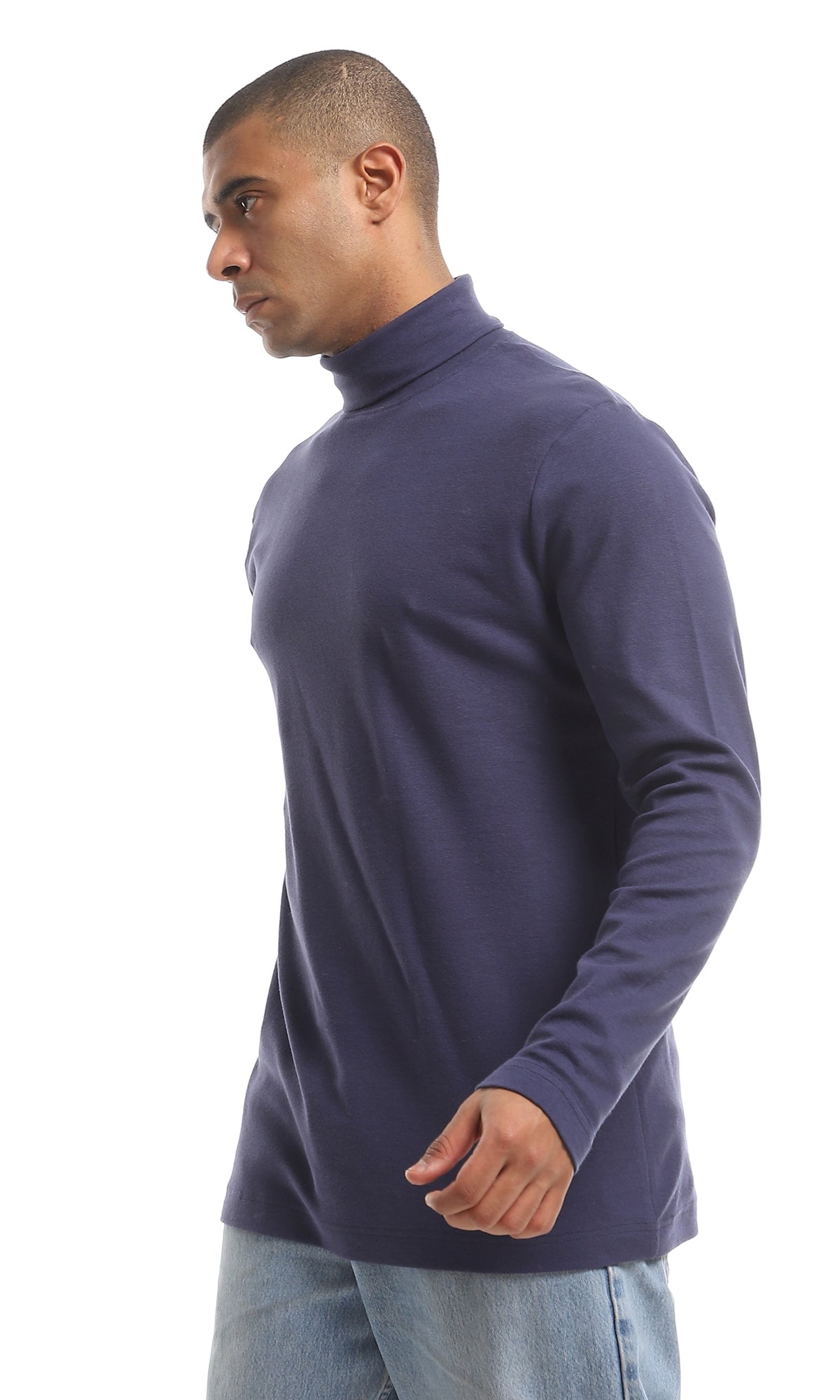 O159799 High Neck Long Sleeved Basic Cotton T-Shirt - Navy Blue