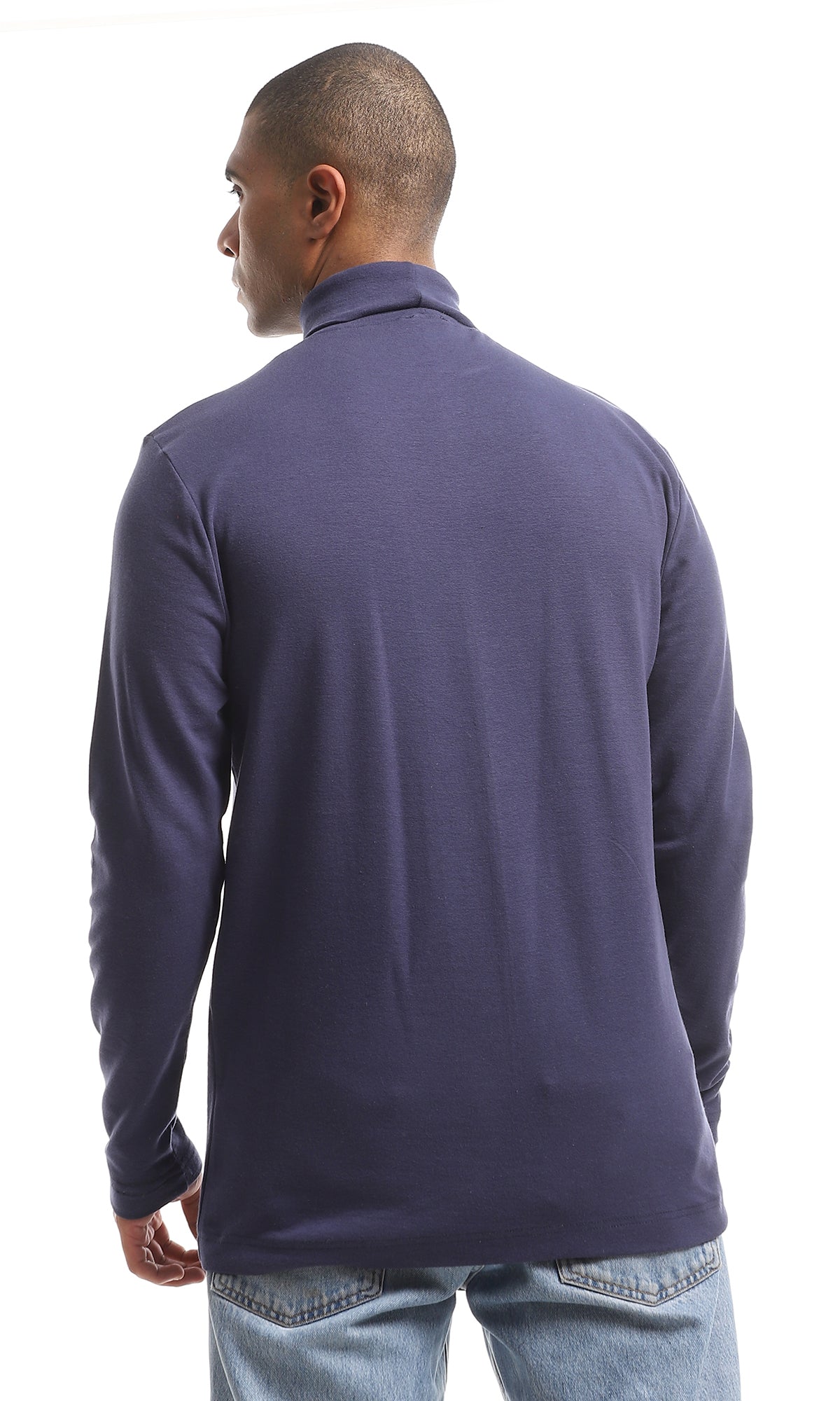 O159799 High Neck Long Sleeved Basic Cotton T-Shirt - Navy Blue