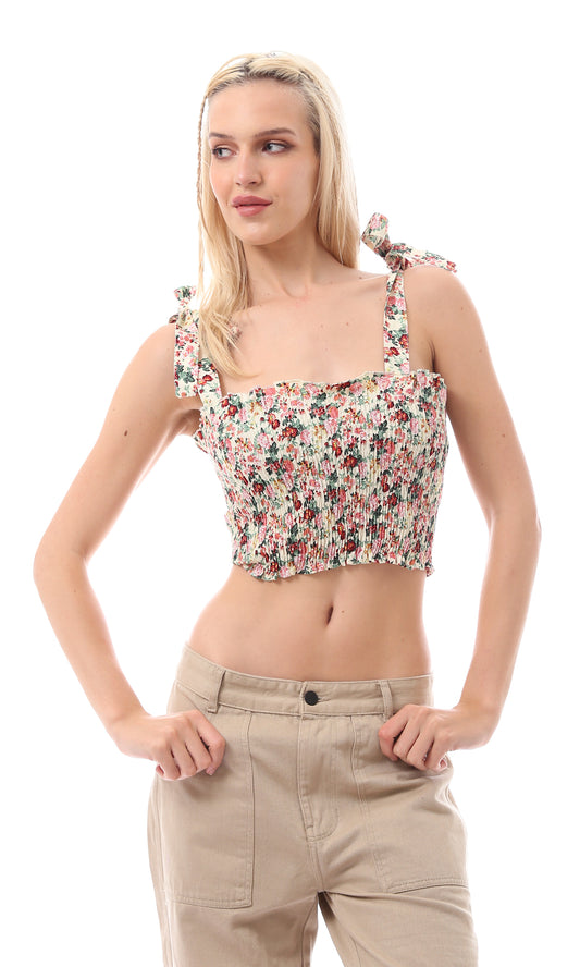 O167898 Lace Up Sleeves Beige Floral Crop Top