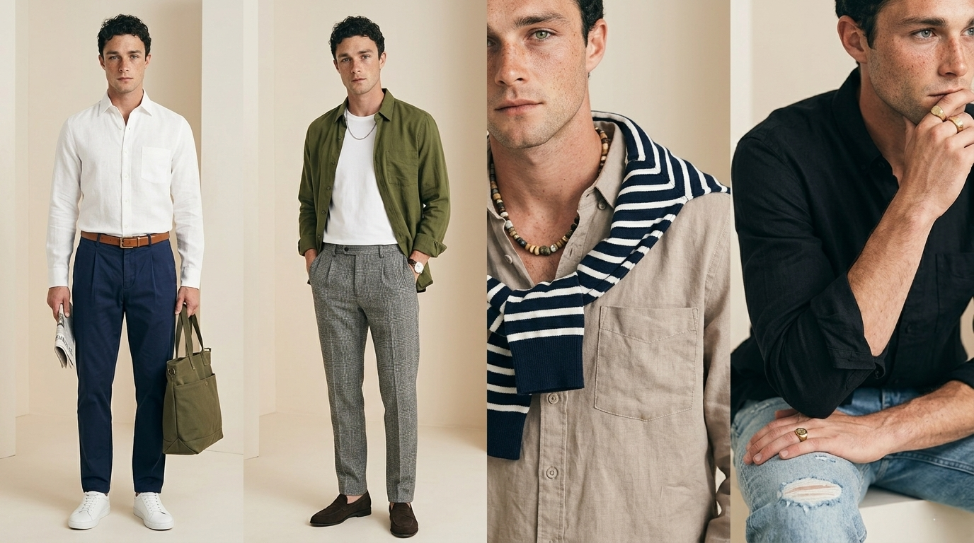 Four-panel banner of the Ravin linen shirt collection. Features Julian in New Prep styles: White with navy chinos, Olive layered over a tee, Beige with a striped sweater, and Black with denim. Premium men's capsule wardrobe essentials.